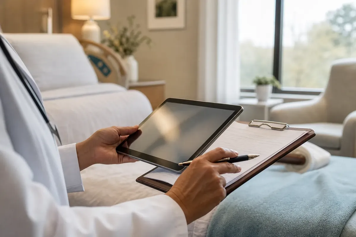A clinician charts on a tablet at a patient's bedside