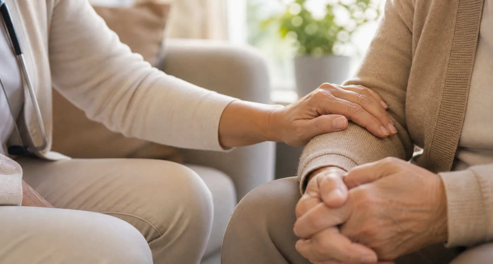 A clinician's reassuring hand on a patient's forearm