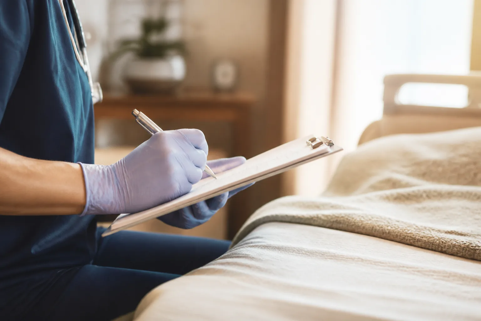 Closeup of a clinician charting at a patient's bedside