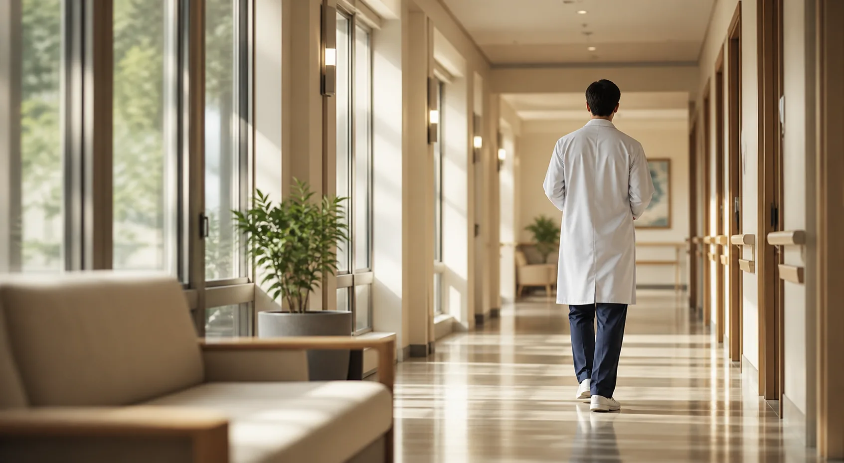 Physician walking through a nursing home hallway, ready for rounds