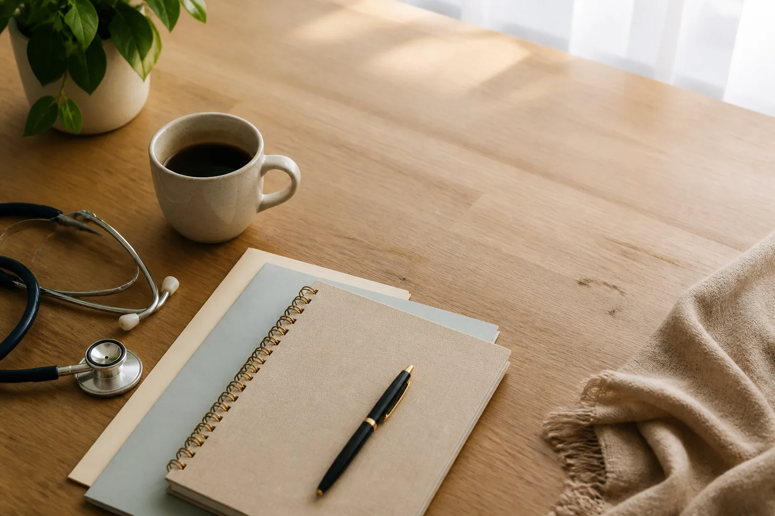 A clinician's workspace: open notebook, pen, stethoscope, and morning coffee