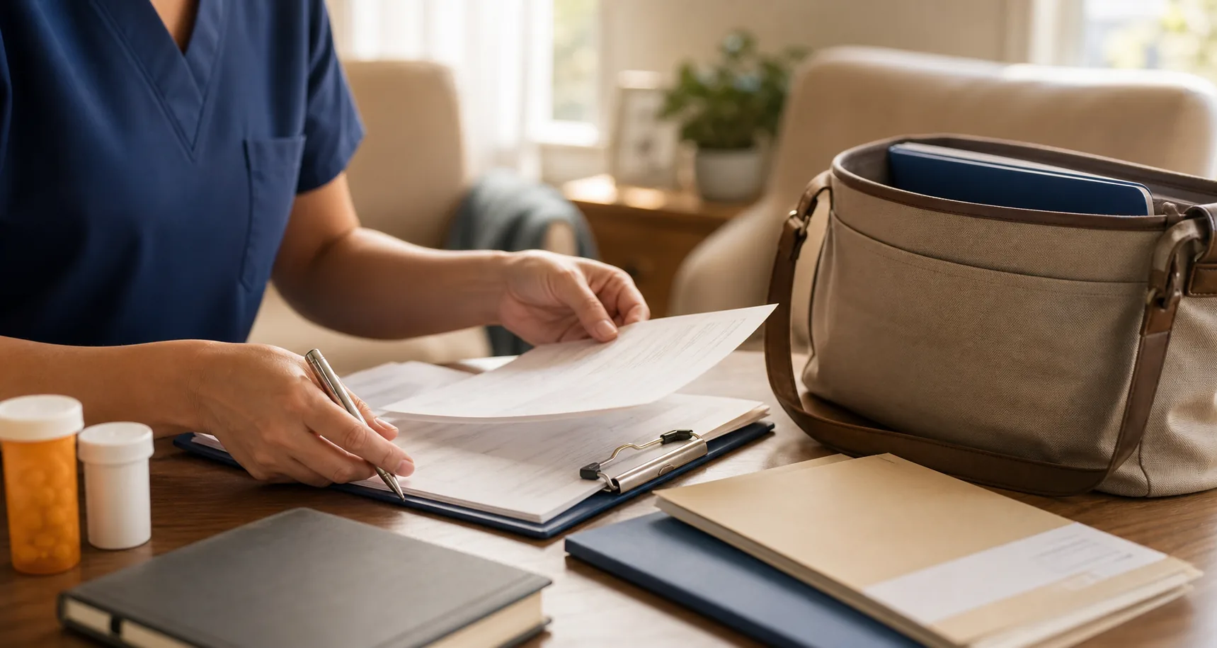 Discharge paperwork organized on a desk, ready for a clean transition of care