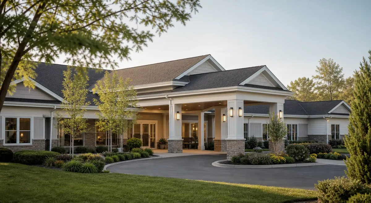 Exterior of a skilled nursing facility at dusk