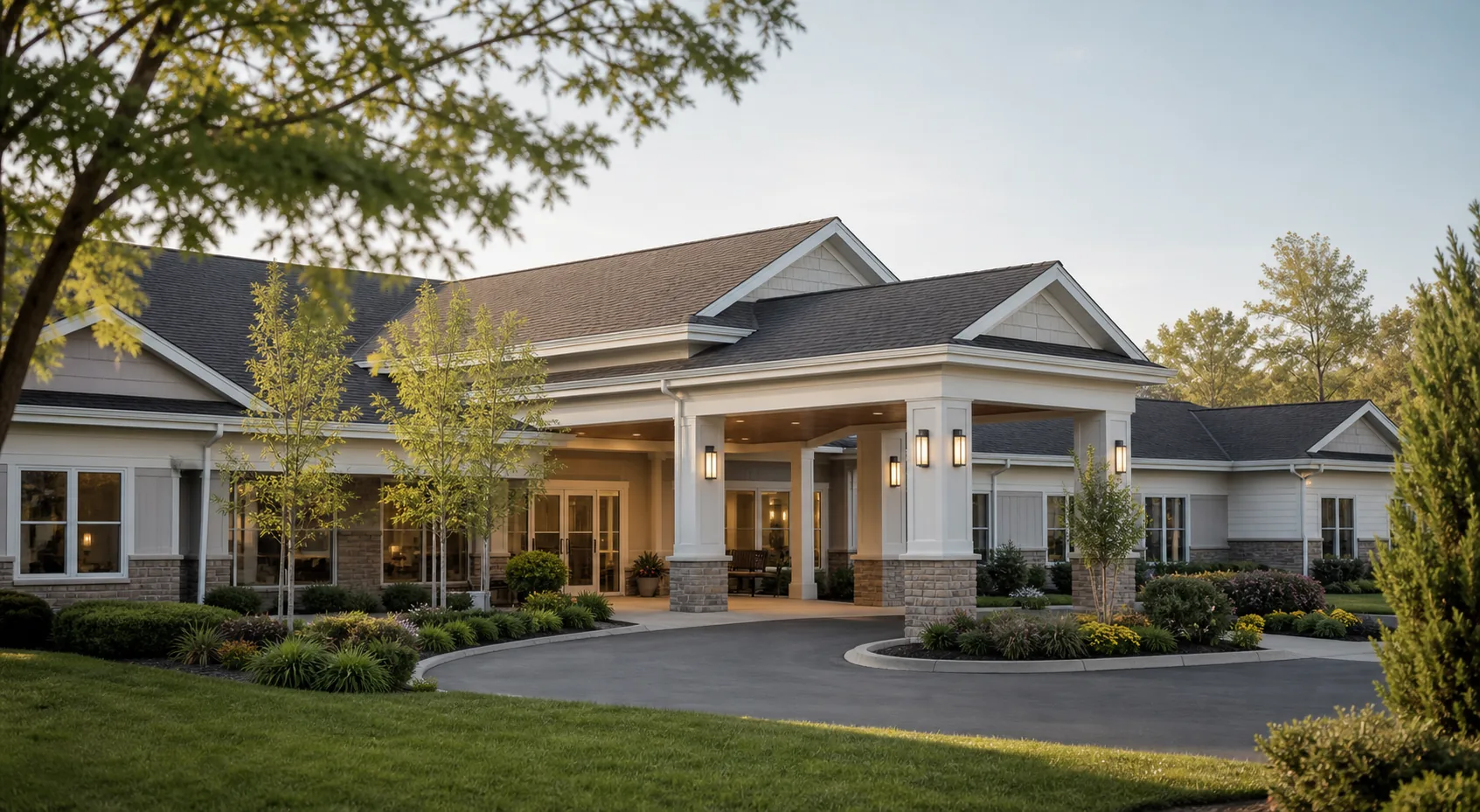 Exterior of a skilled nursing facility at dusk