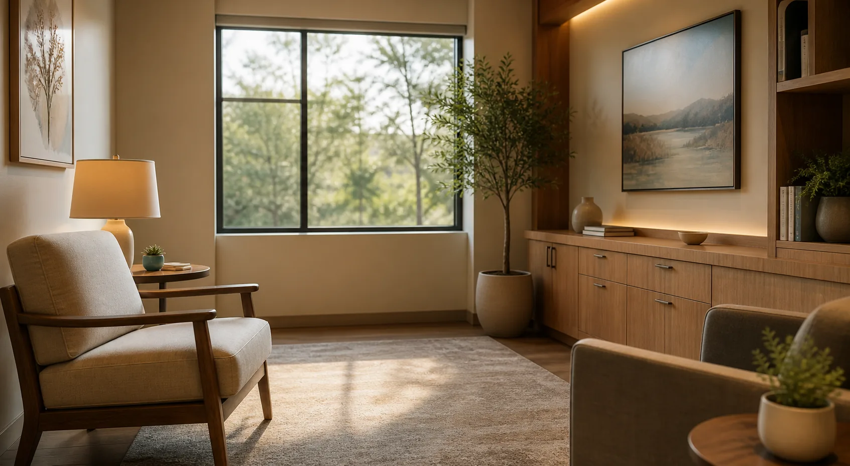 A warm, naturally-lit consultation room with comfortable seating