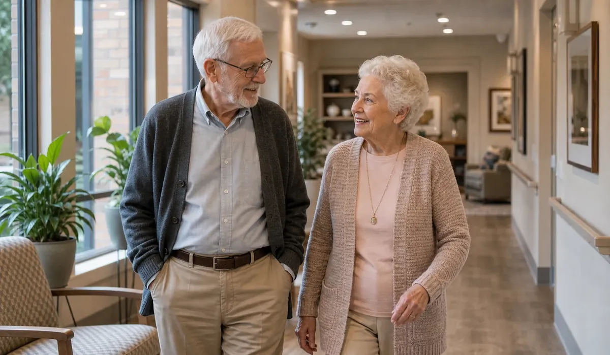 An older couple walks together along a sunlit nursing home corridor