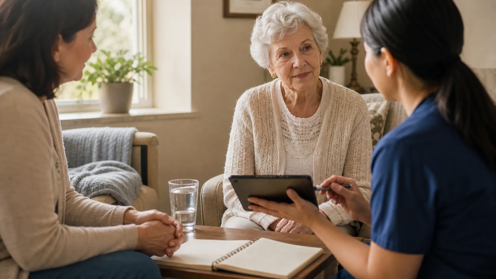 A family member, an older woman, and a nurse meet to talk through a care plan