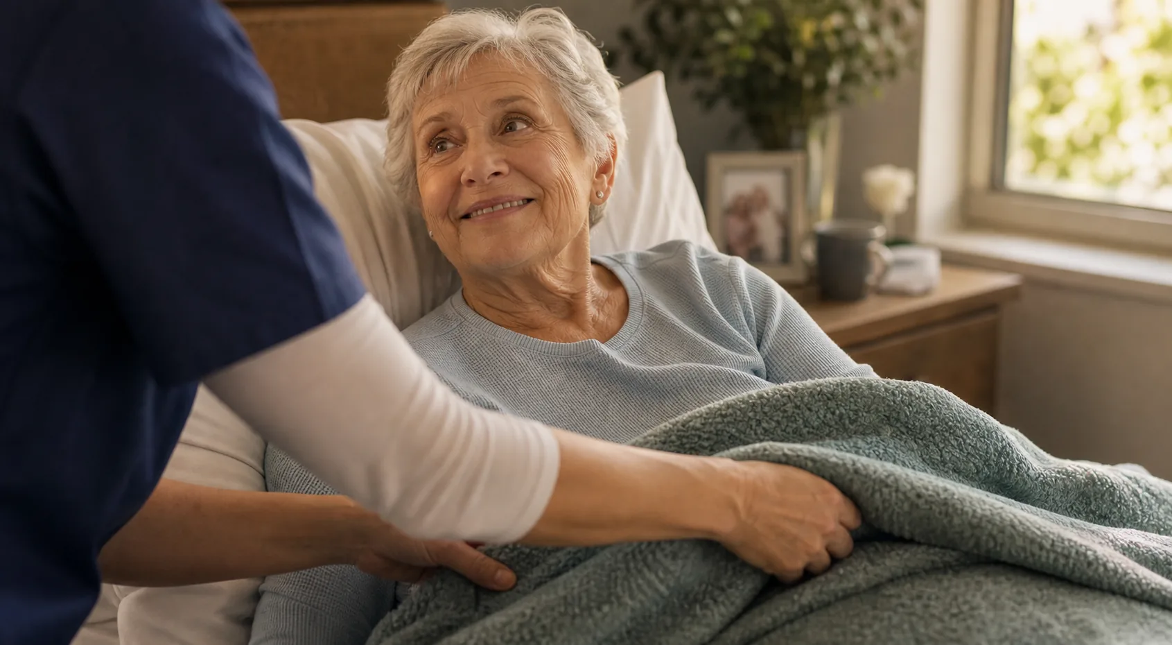A nurse gently adjusts a blanket for an elderly patient sitting up in bed