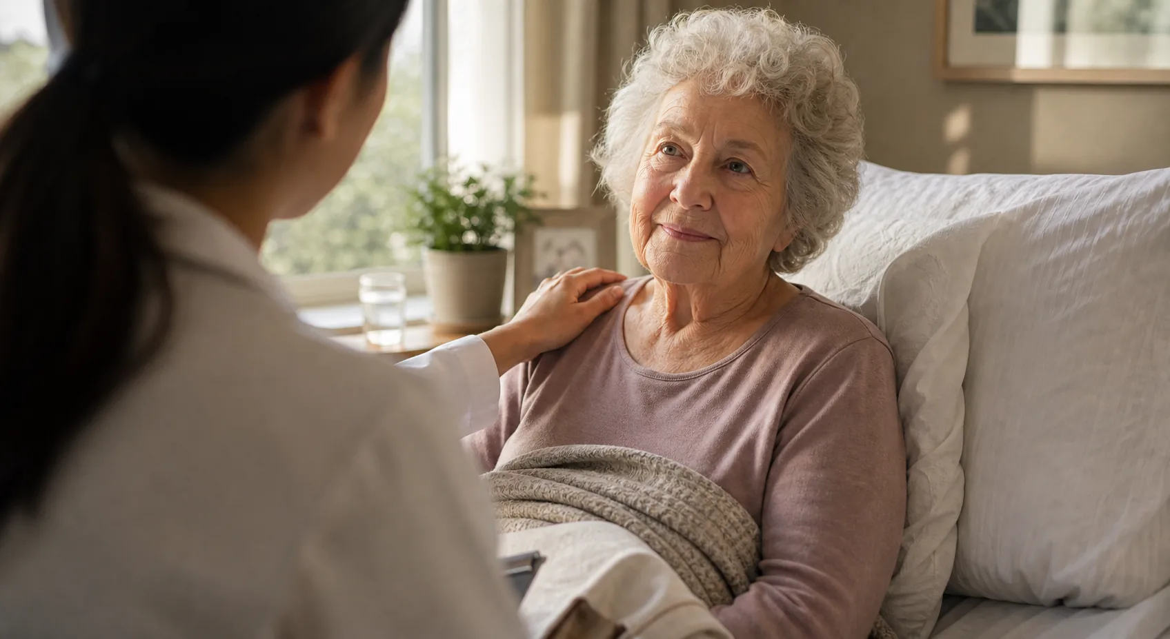 A nurse sits at the bedside of a smiling elderly woman in a comfortable room