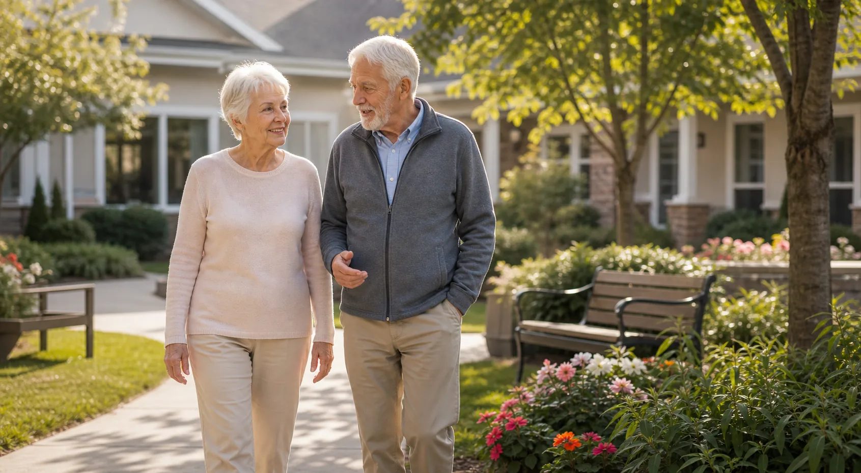 A senior couple walks together along a sunny garden path outside their nursing community